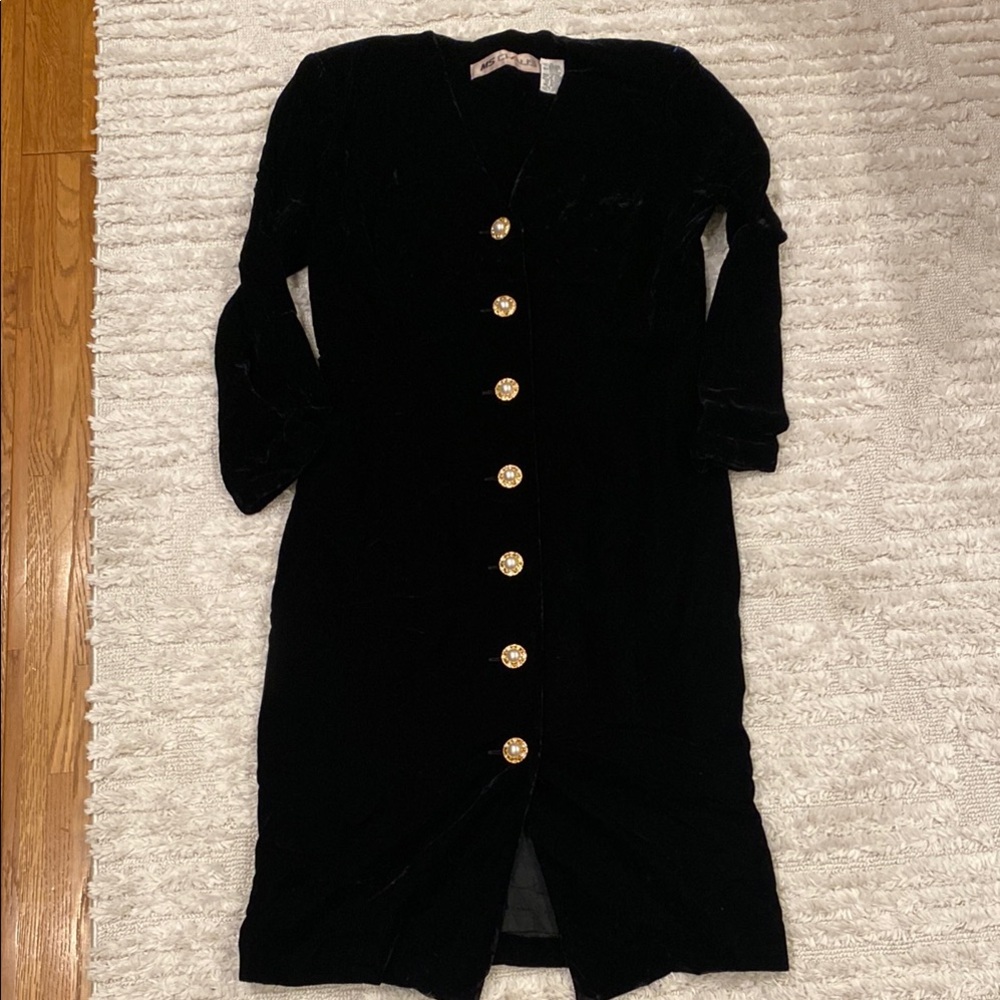 Vintage Black Velvet Dress with Gold Buttons Sz 6